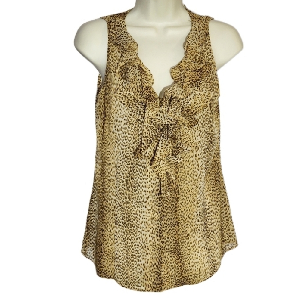 Anne Klein Top Leopard Print Semi Sheer Ruffle Sleeveless Gold Size S